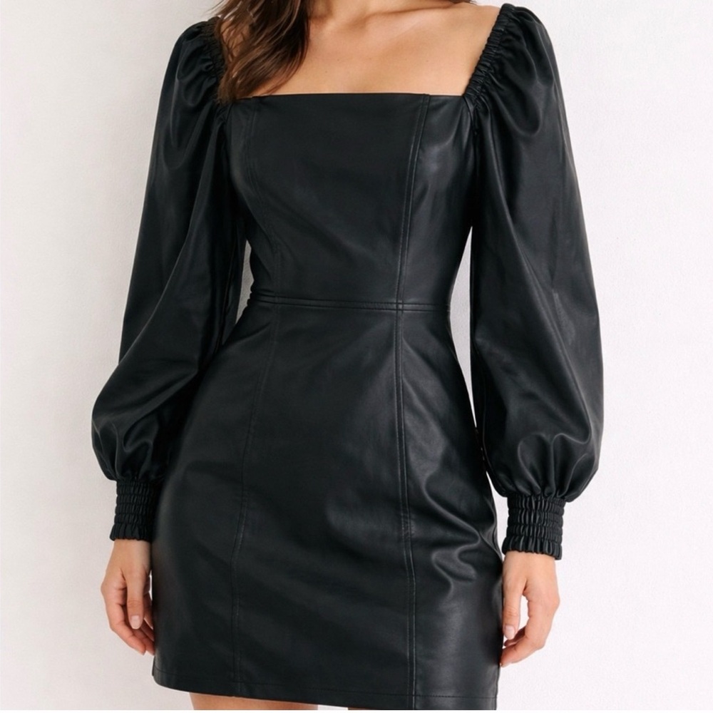 7 For All ManKind Black Faux Leather Puff Sleeve Mini Dress